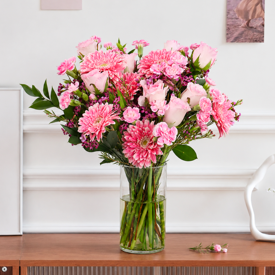Larissa (8 Roses, 5 Gerberas) - Vase Arrangement