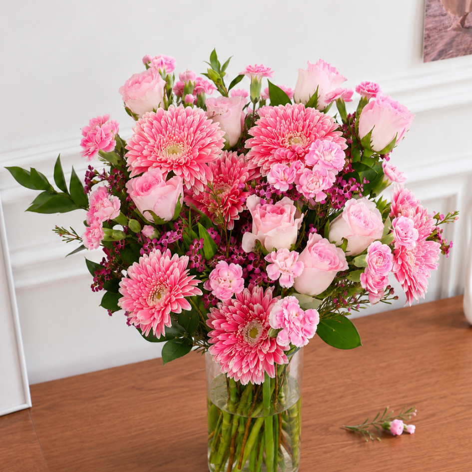 Larissa (8 Roses, 5 Gerberas) - Vase Arrangement