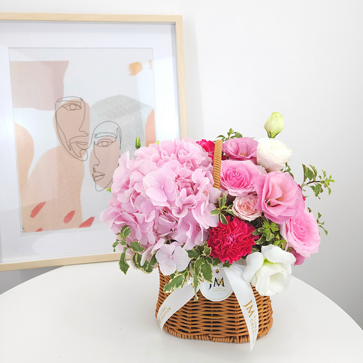 liliana Roses, Carnations & Hydrangea Korean-Style Basket Arrangement Birthday Flower Bouquet Singapore