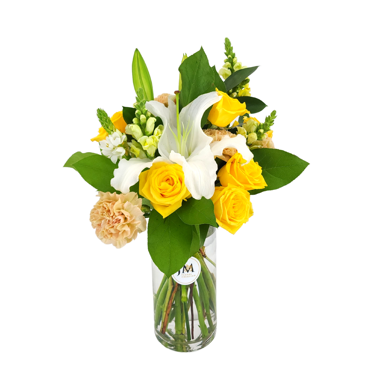loretta Yellow Roses and White Lilies Vase Arrangement Birthday Flower Bouquet Singapore