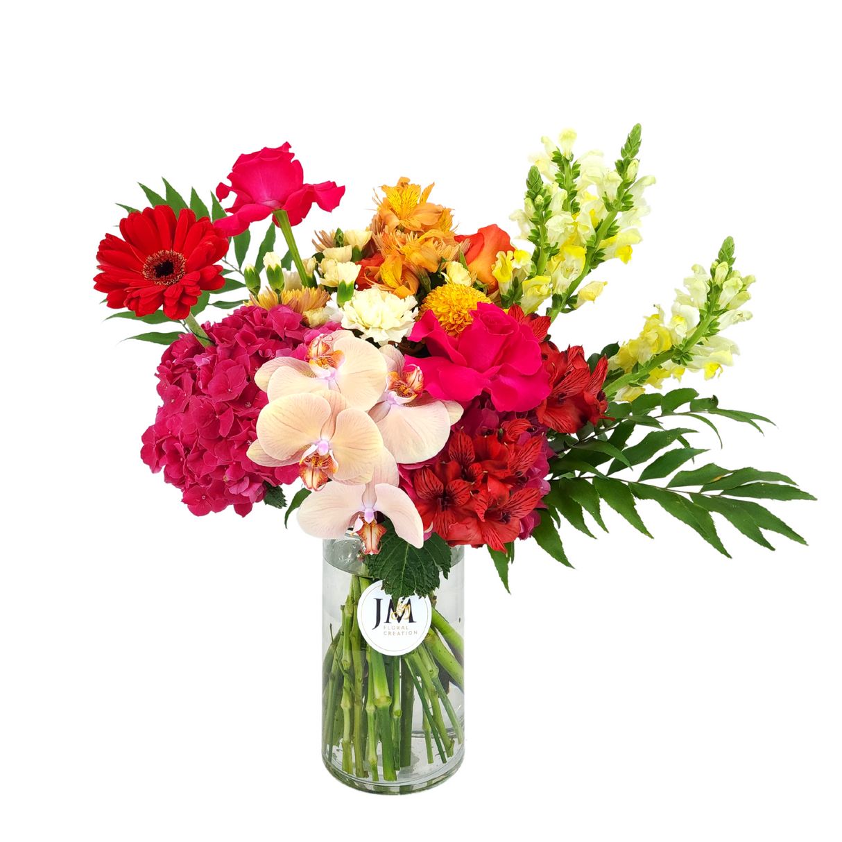 marina Orange Roses, Yellow Hydrangeas & Red Carnation Vase Arrangement Birthday Flower Bouquet Singapore