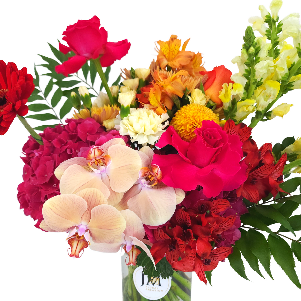 marina Orange Roses, Yellow Hydrangeas & Red Carnation Vase Arrangement Birthday Flower Bouquet Singapore