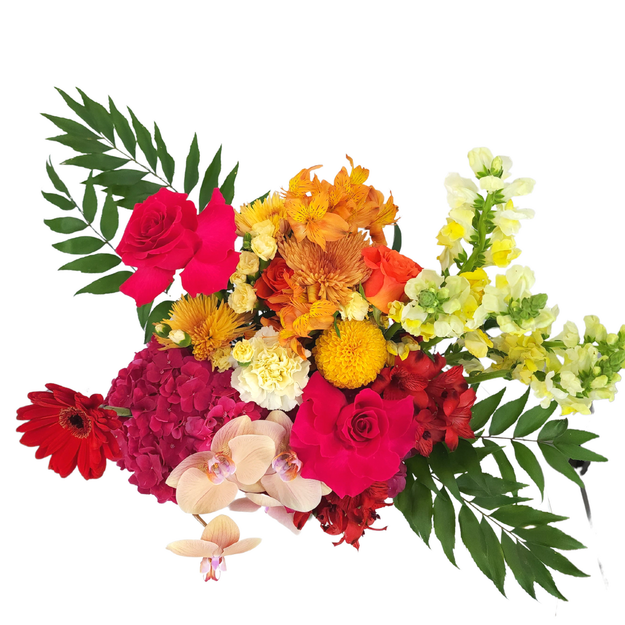 marina Orange Roses, Yellow Hydrangeas & Red Carnation Vase Arrangement Birthday Flower Bouquet Singapore