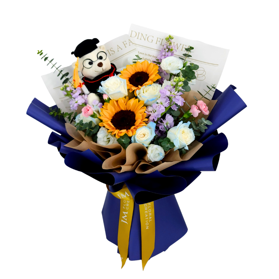 Yellow artificial flower bouquet with love message.