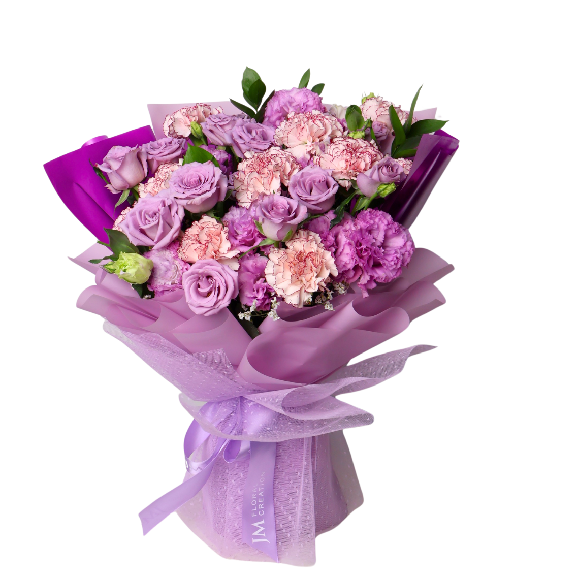 Pink and purple flower bouquet with garden roses.