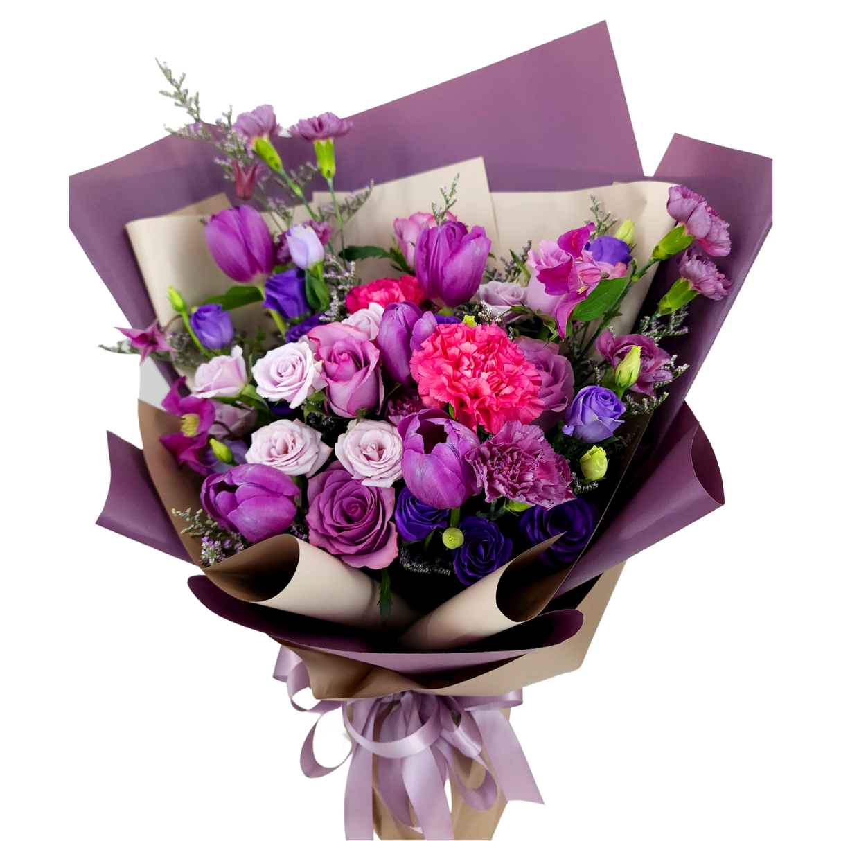 Mulberry Blooms (5 Tulip, 5 Roses) - Flower Bouquet