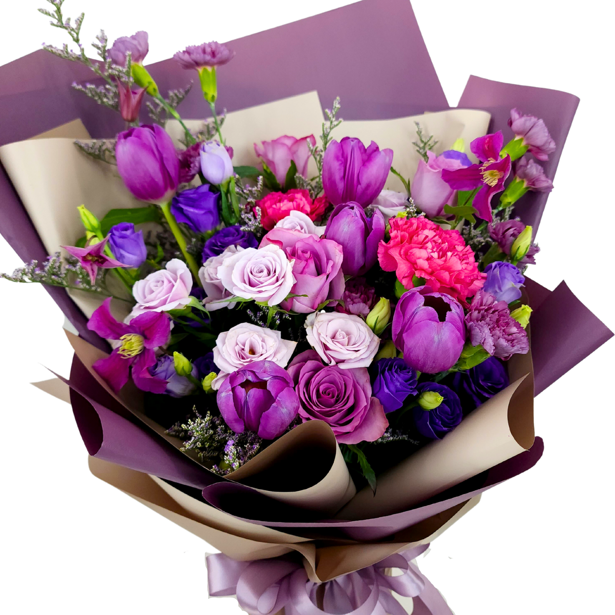 Mulberry Blooms (5 Tulip, 5 Roses) - Flower Bouquet