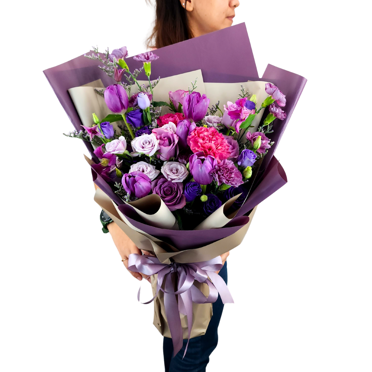 Mulberry Blooms (5 Tulip, 5 Roses) - Flower Bouquet