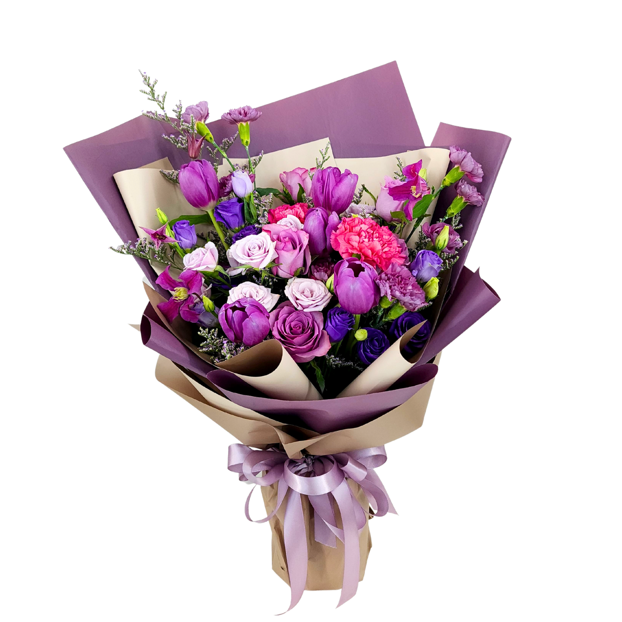 Mulberry Blooms (5 Tulip, 5 Roses) - Flower Bouquet