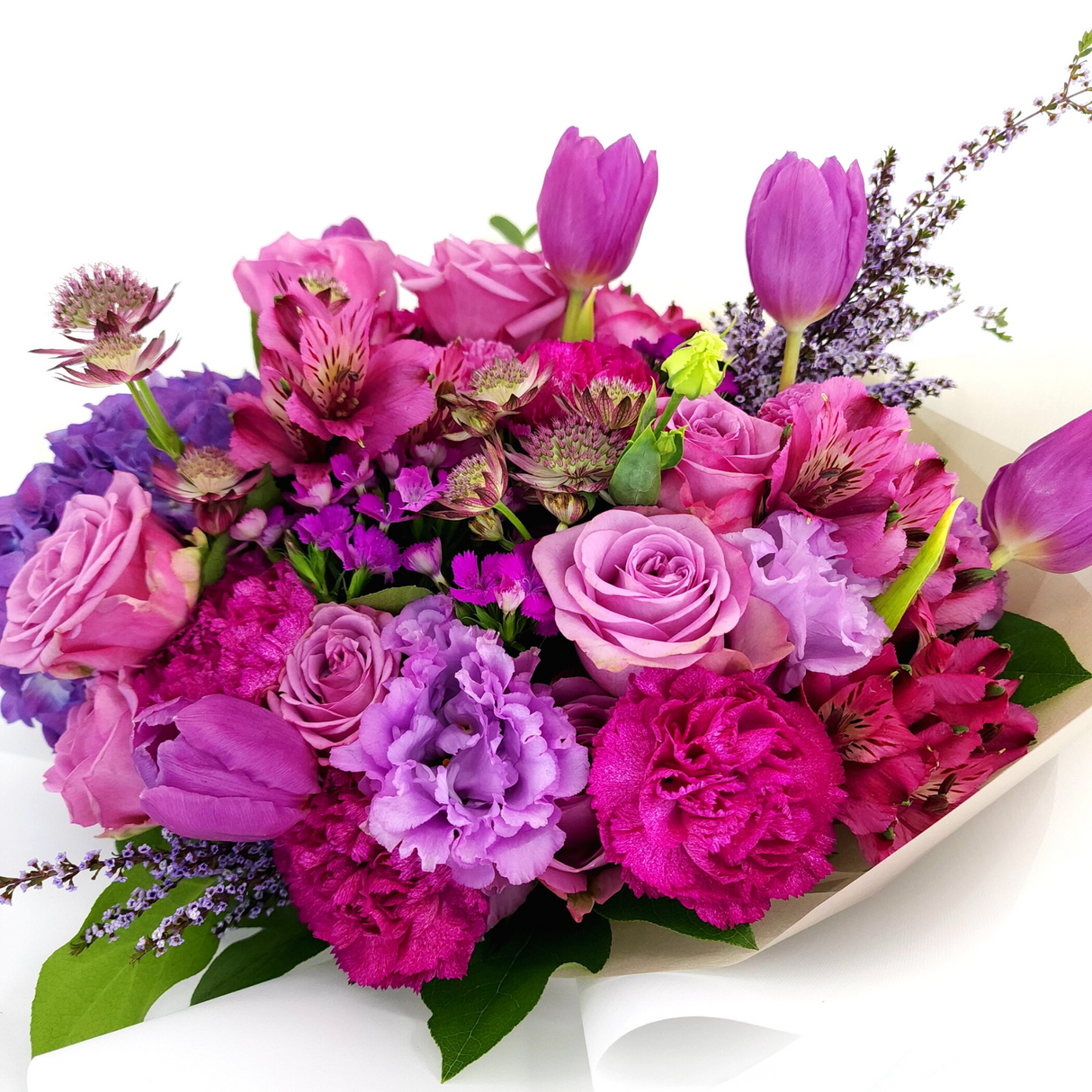 mulberry Hydrangeas, Carnations and Roses Birthday Flower Bouquet Singapore