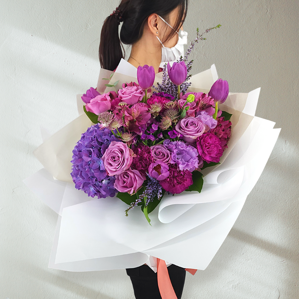 mulberry Hydrangeas, Carnations and Roses Birthday Flower Bouquet Singapore