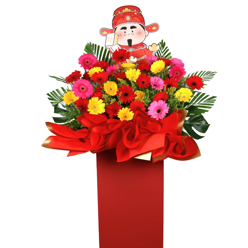 Bouquet of red and pink artificial flowers.