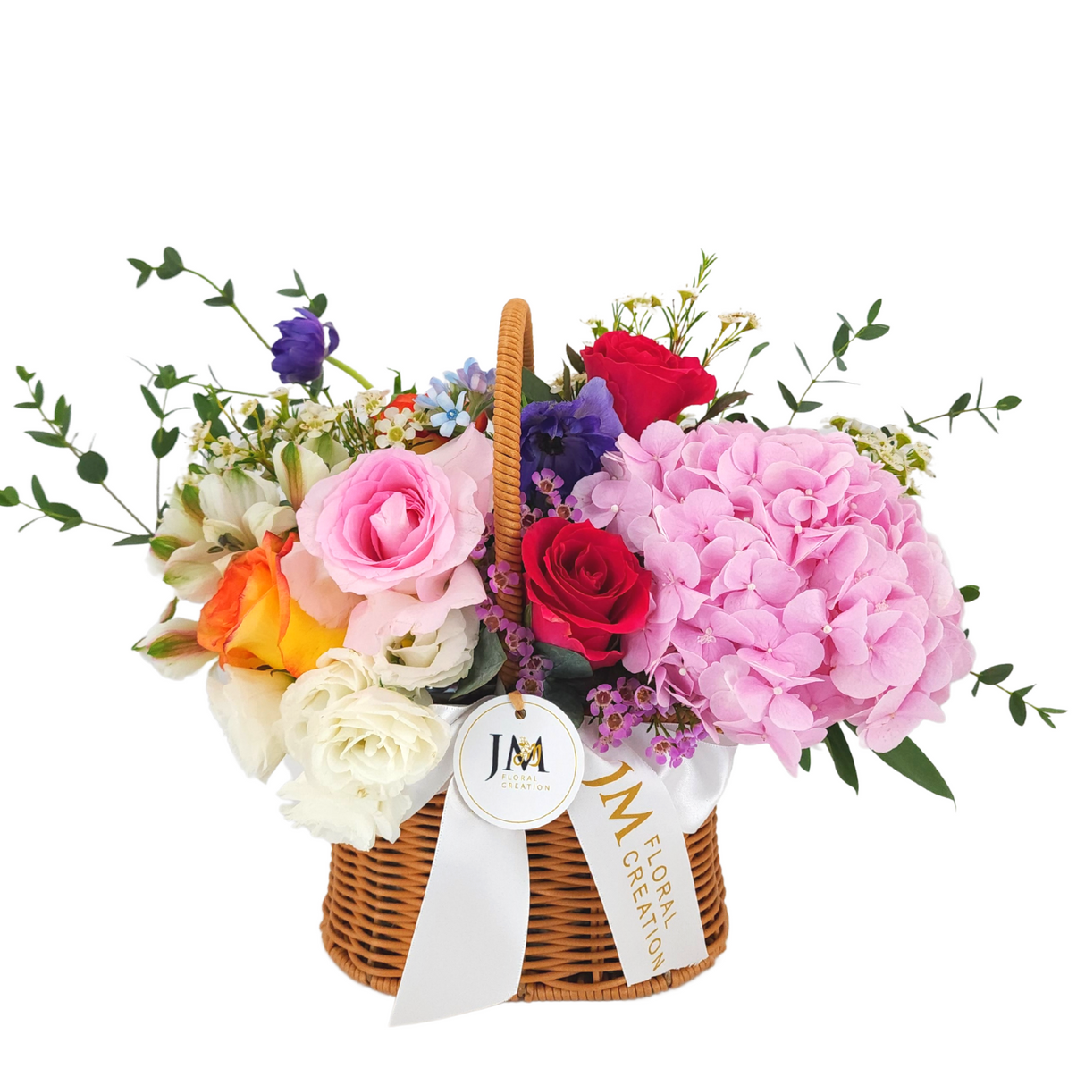 paulina Roses & Hydrangeas Korean-Style Basket Arrangement Birthday Flower Bouquet Singapore