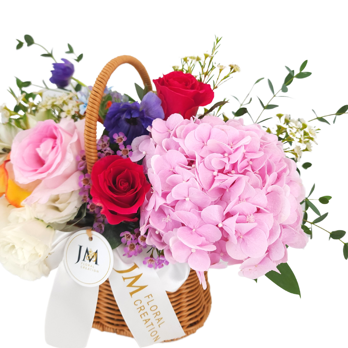 paulina Roses & Hydrangeas Korean-Style Basket Arrangement Birthday Flower Bouquet Singapore