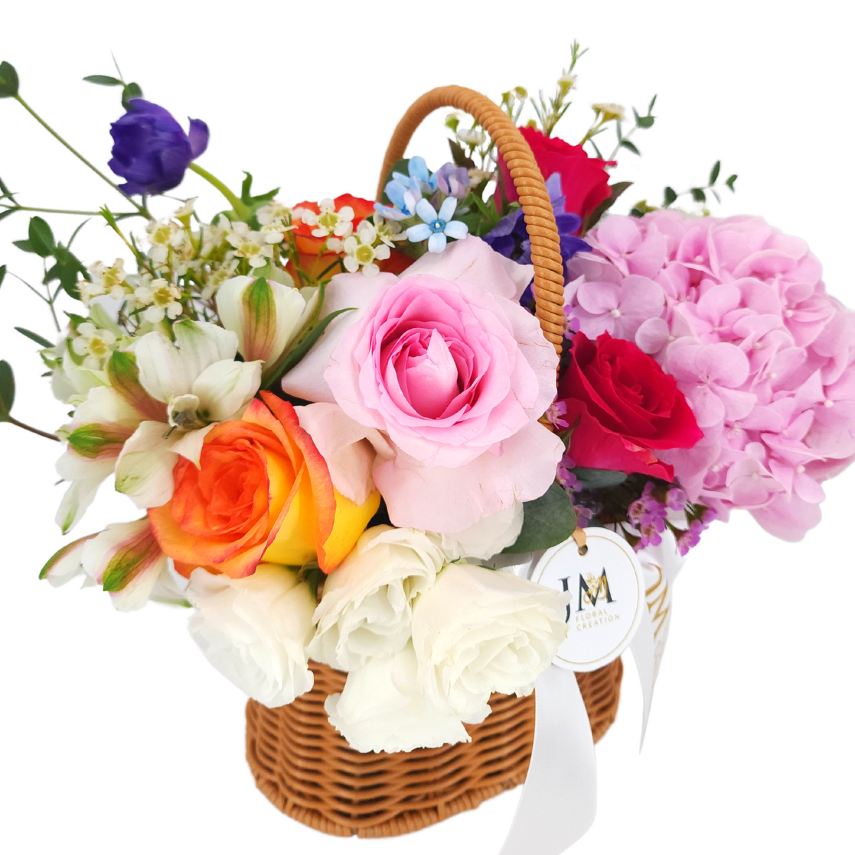 paulina Roses & Hydrangeas Korean-Style Basket Arrangement Birthday Flower Bouquet Singapore