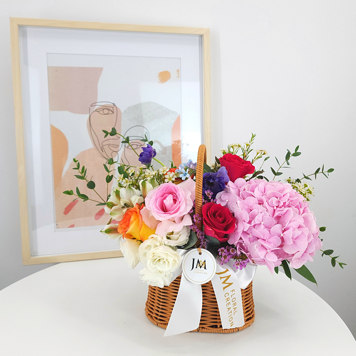 paulina Roses & Hydrangeas Korean-Style Basket Arrangement Birthday Flower Bouquet Singapore