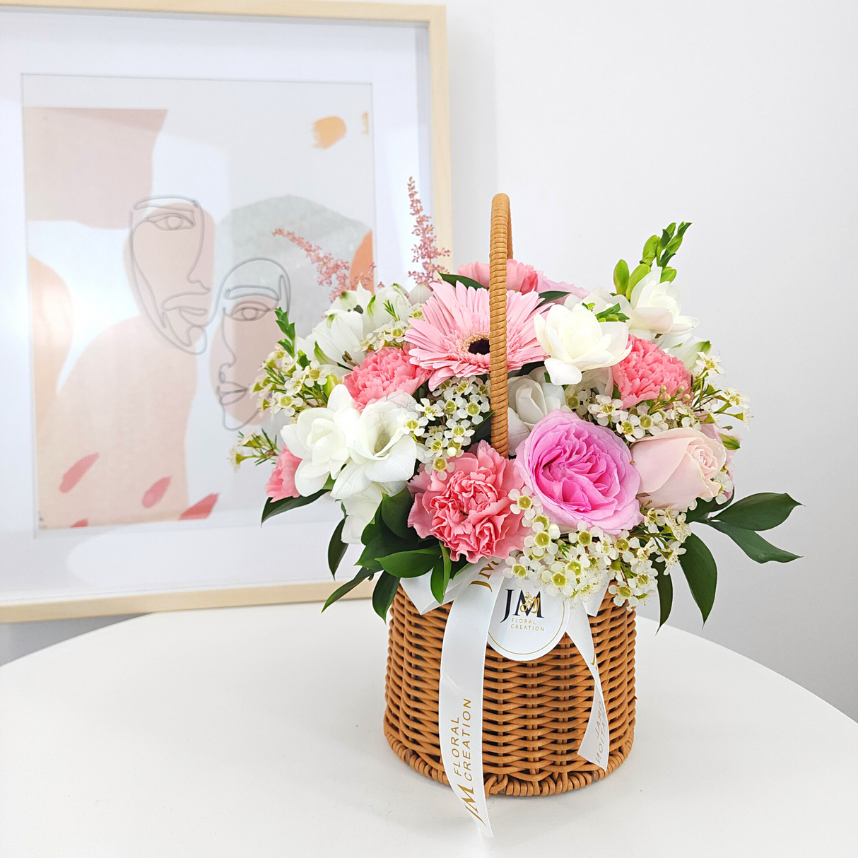 pearl Pink Roses & Carnations Korean-Style Basket Arrangement Birthday Flower Bouquet Singapore
