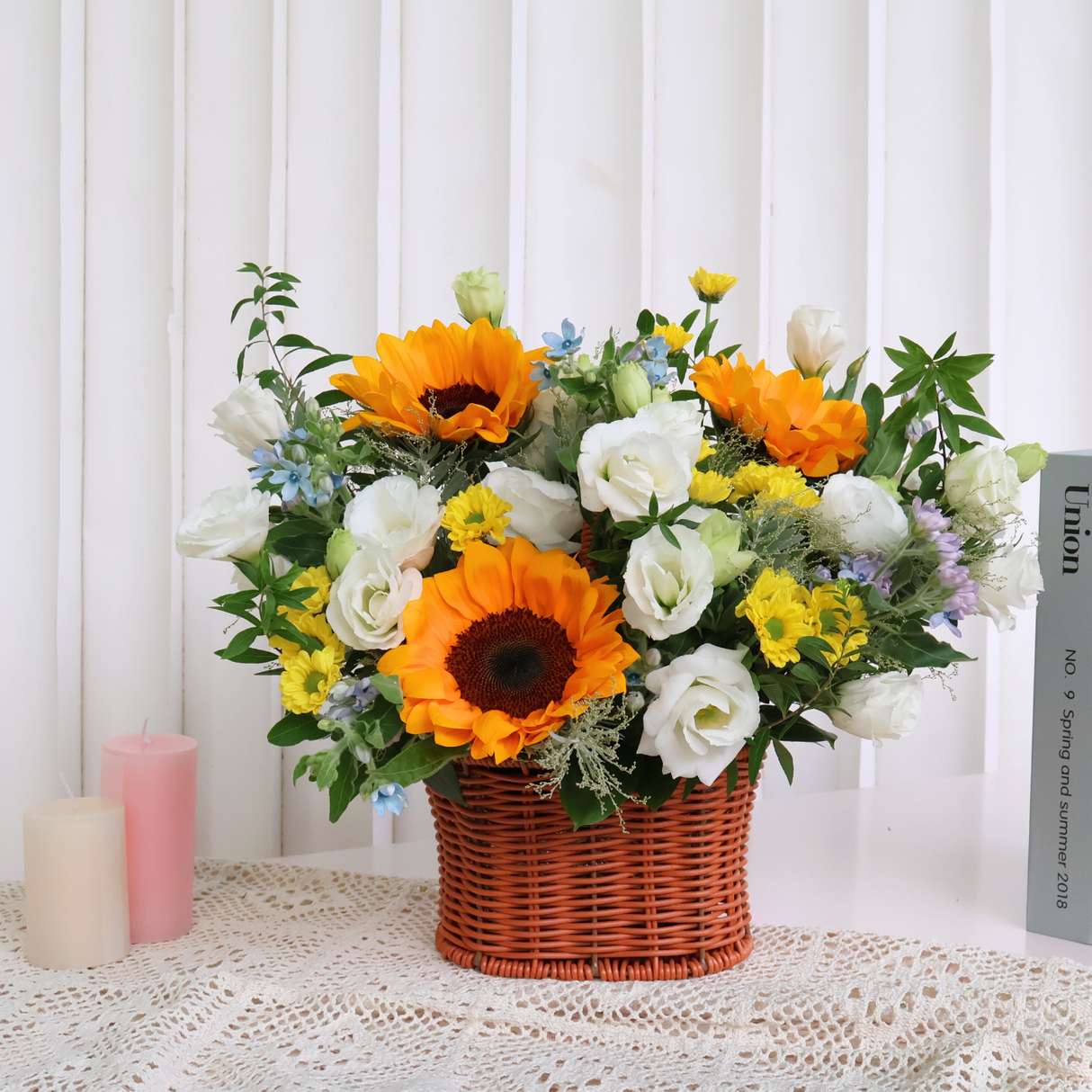 Sunny Delight (Mimosa, Sunflower, Eustoma) - Flower Basket