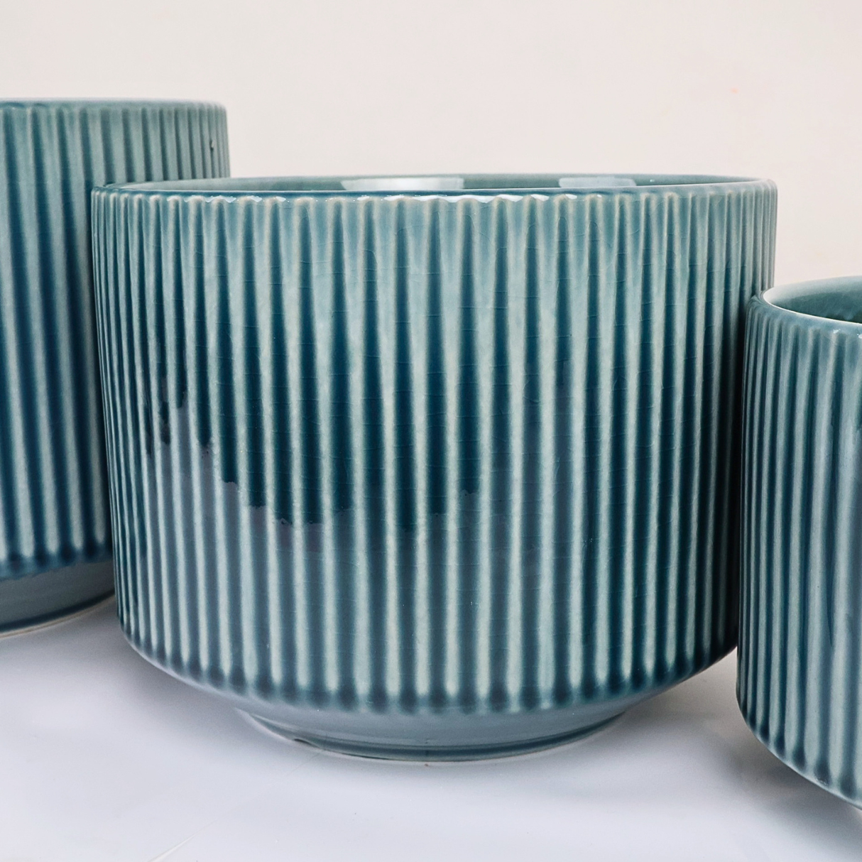 Deep Teal Ribbed Ceramic Pot