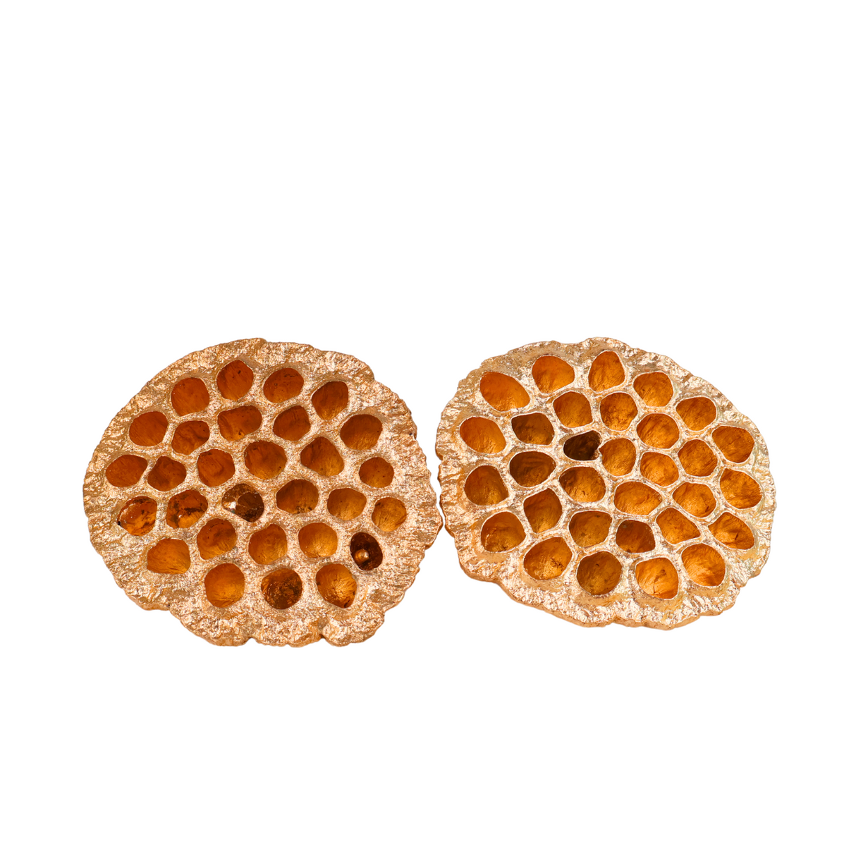 Honeycomb earrings on natural material.