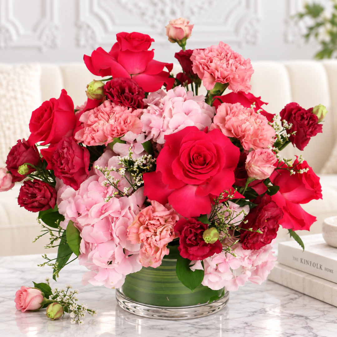 Crimson Love (Roses, Hydrangea) - Table Arrangement