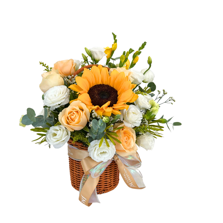 Rhea (Sunflower, Roses, Freesia) - Flower Basket