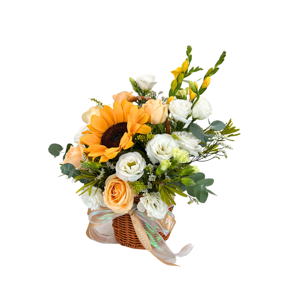 Rhea (Sunflower, Roses, Freesia) - Flower Basket