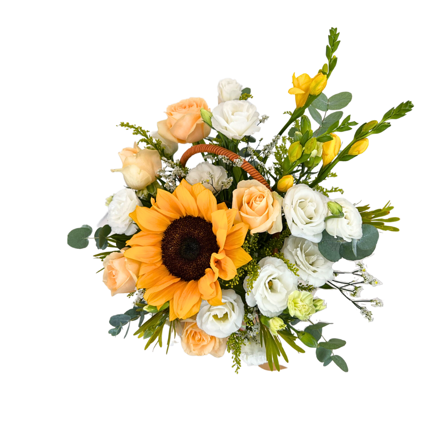 Rhea (Sunflower, Roses, Freesia) - Flower Basket