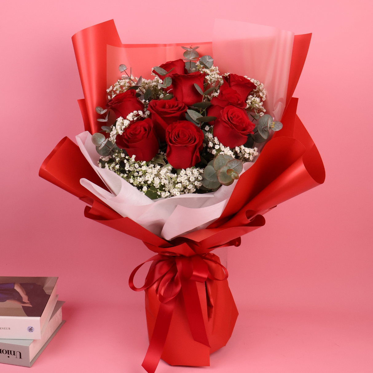 Union flower bouquet with red and pink garden roses.