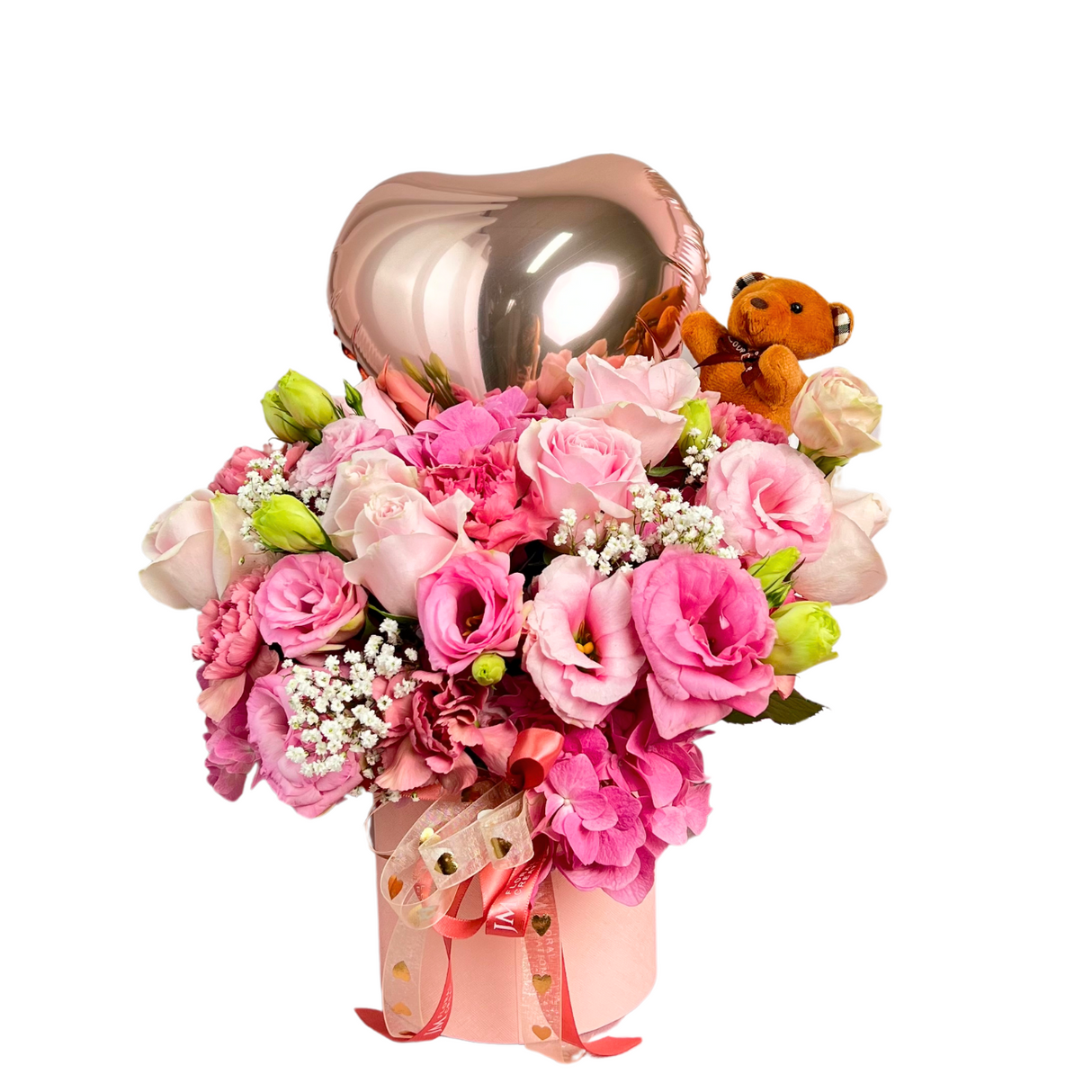 Pink artificial flower bouquet for Valentine's Day.