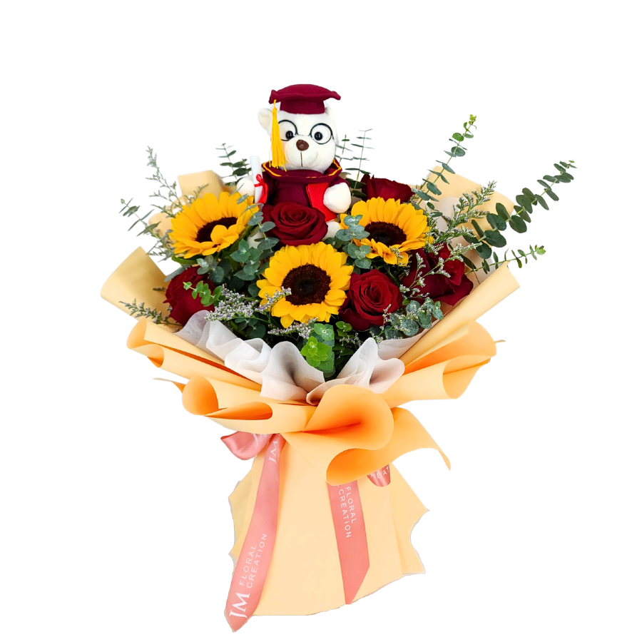 Yellow sunflower and rose bouquet by JM Floral Creation.