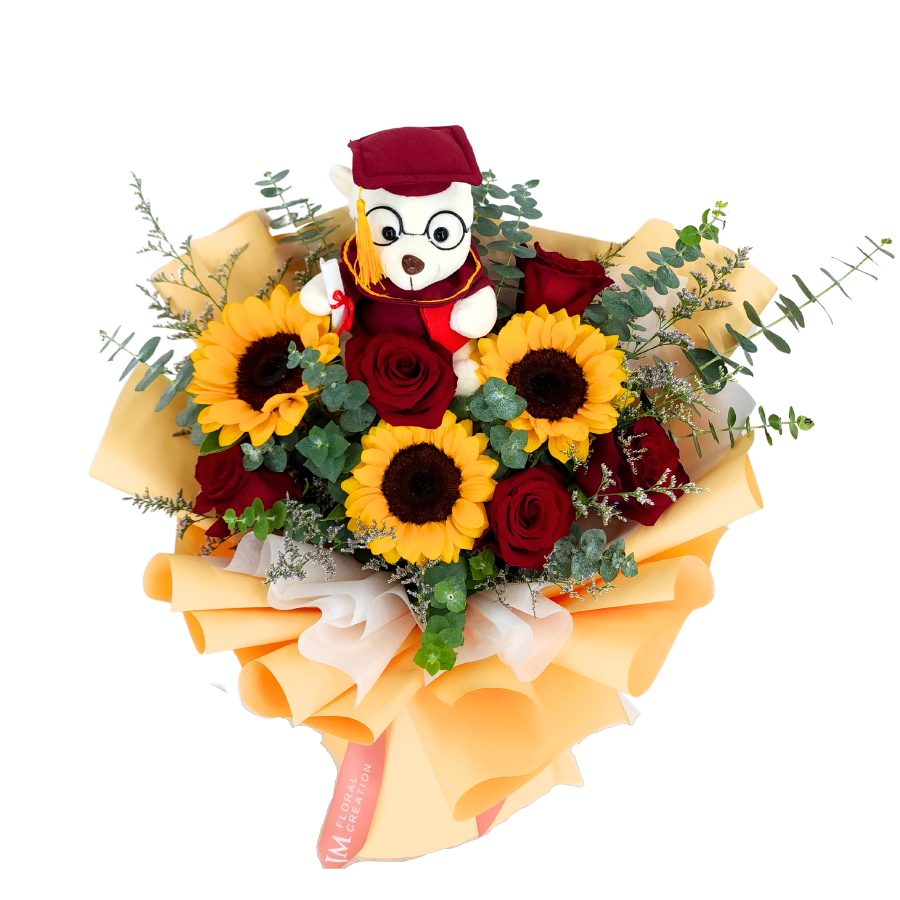 Tassel Triumph (3 Sunflower, 5 Roses) - Flower Bouquet