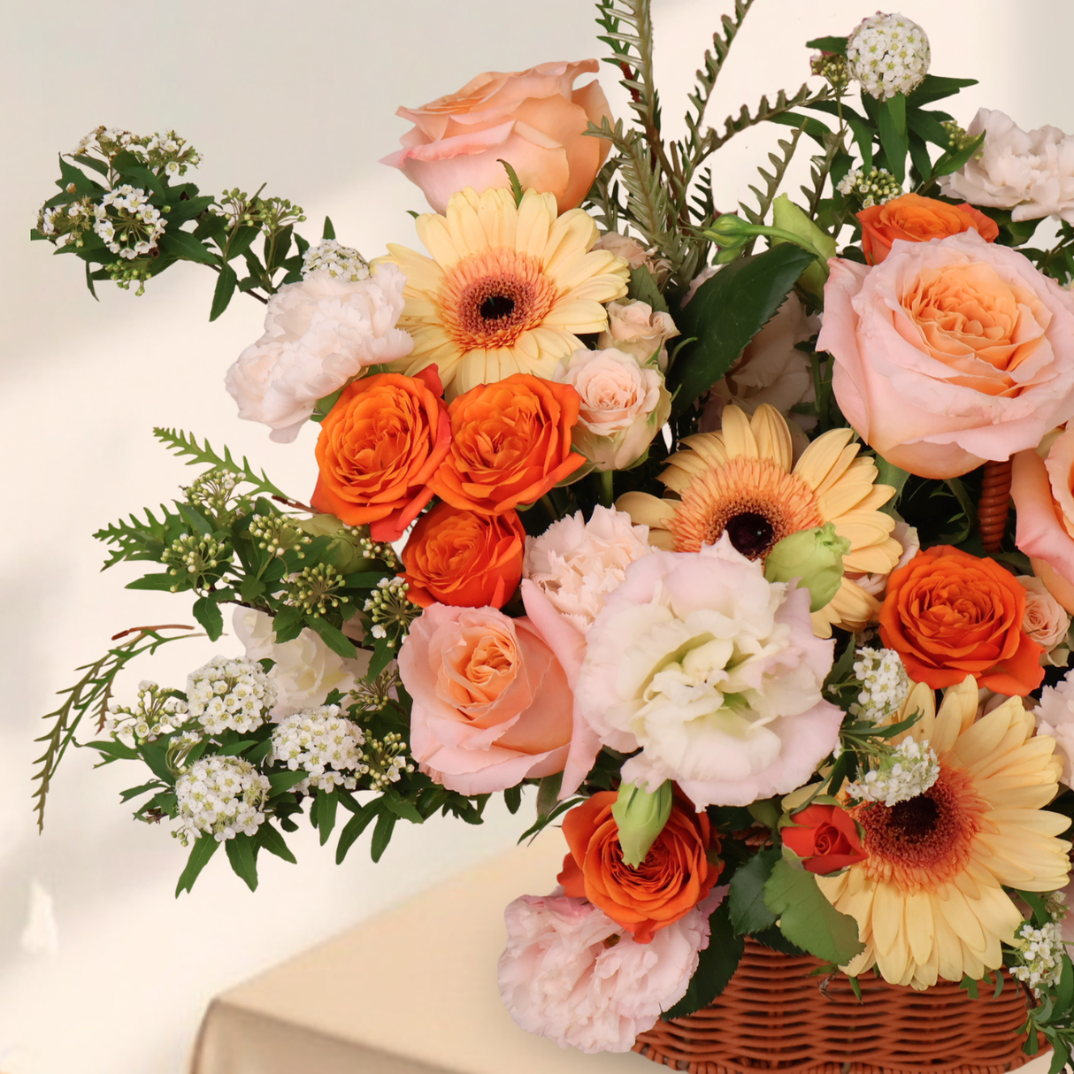 Tender Warmth (Rose, Carnation, Gerbera, Eustoma) - Flower Basket