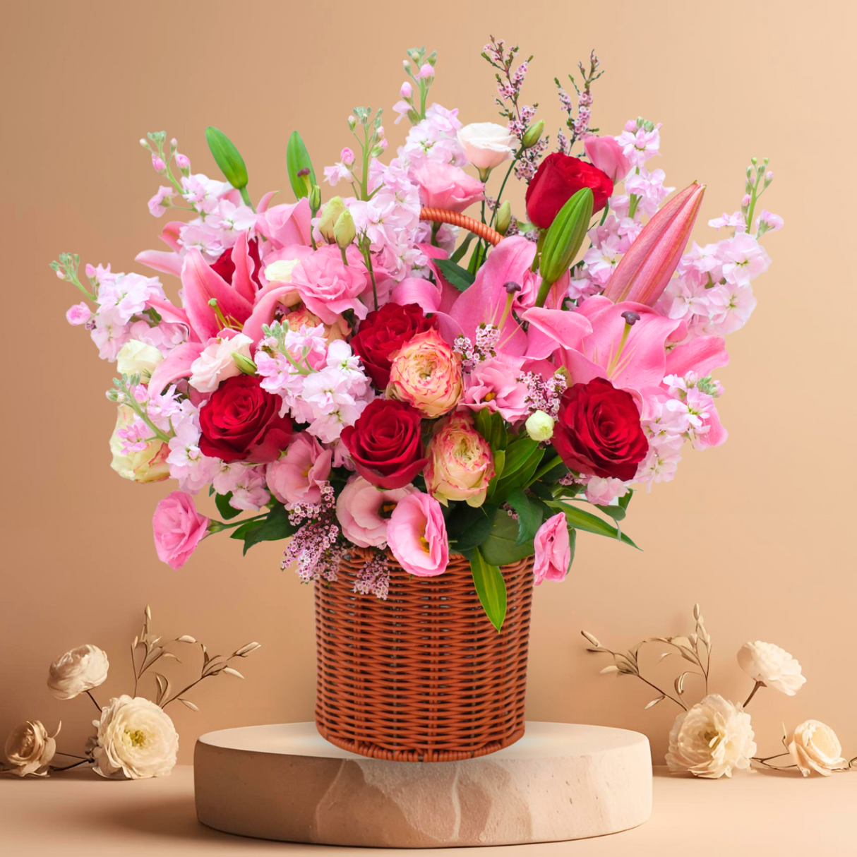 Tropical Romance (Mattiola, Lily, Roses) - Mother's Day Flower Basket