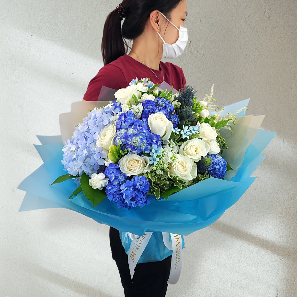 sapphire Hydrangeas, Carnations and Roses Bouquet Birthday Flower Bouquet Singapore