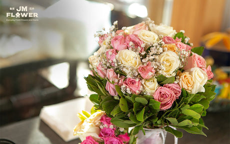 JM Flower wedding bouquet with pink and white roses