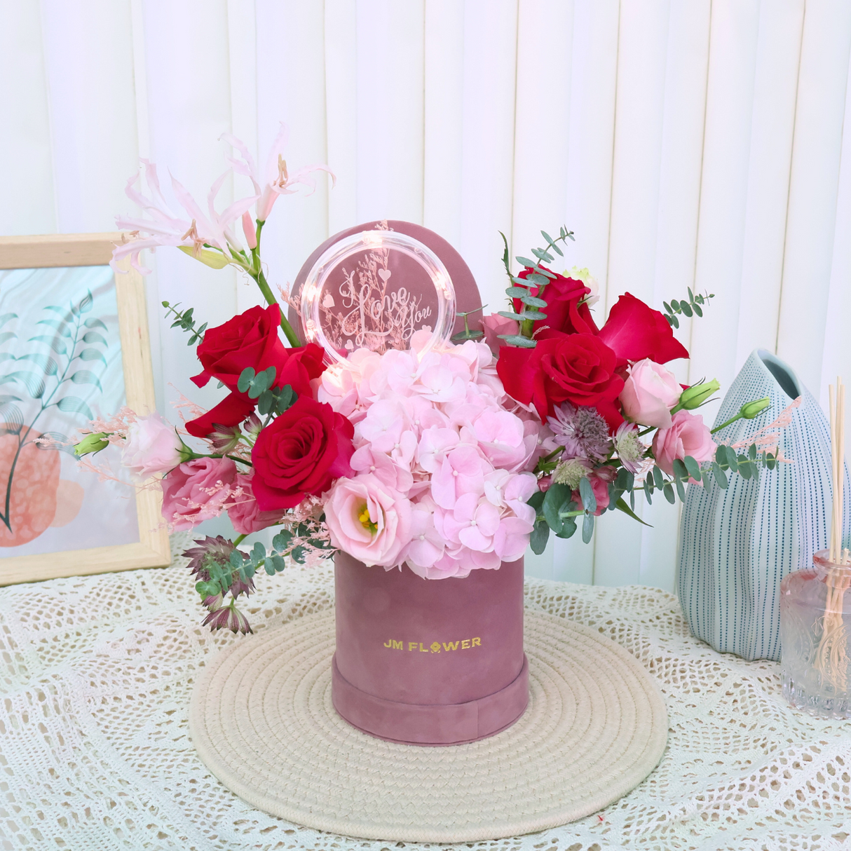 Heartfelt Charm (5 Roses, 2 Eustoma, 1 Lily) - Table Flower Arrangement