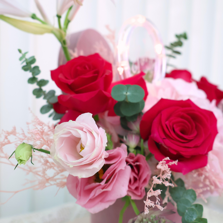 Heartfelt Charm (5 Roses, 2 Eustoma, 1 Lily) - Table Flower Arrangement