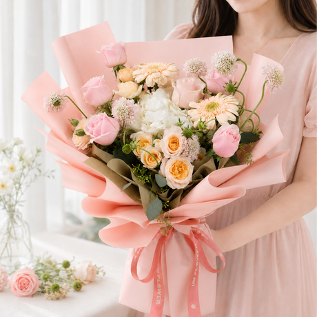 Cecilia (1 Hydrangea, 6 Roses) - Flower Bouquet