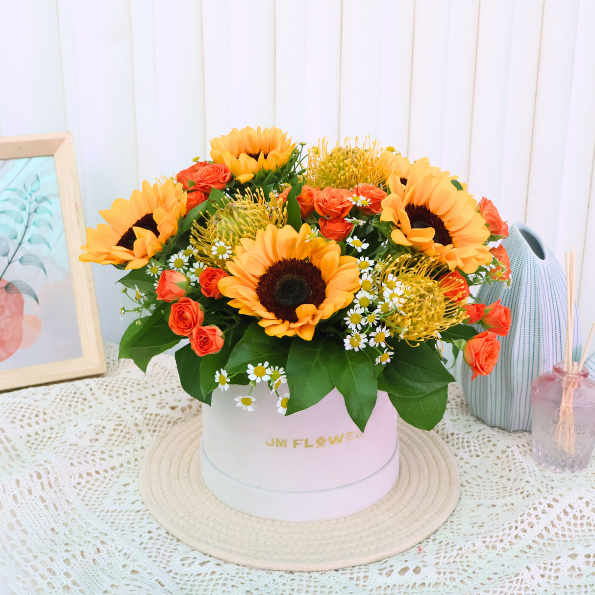 Sunny Glow (5 Sunflower, 5 Pin Cushion) - Table Flower Arrangement