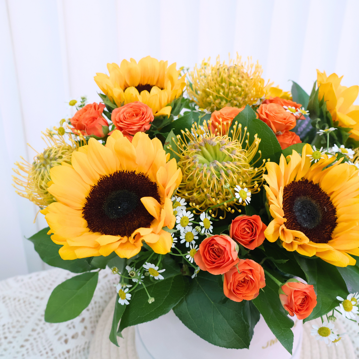 Sunny Glow (5 Sunflower, 5 Pin Cushion) - Table Flower Arrangement