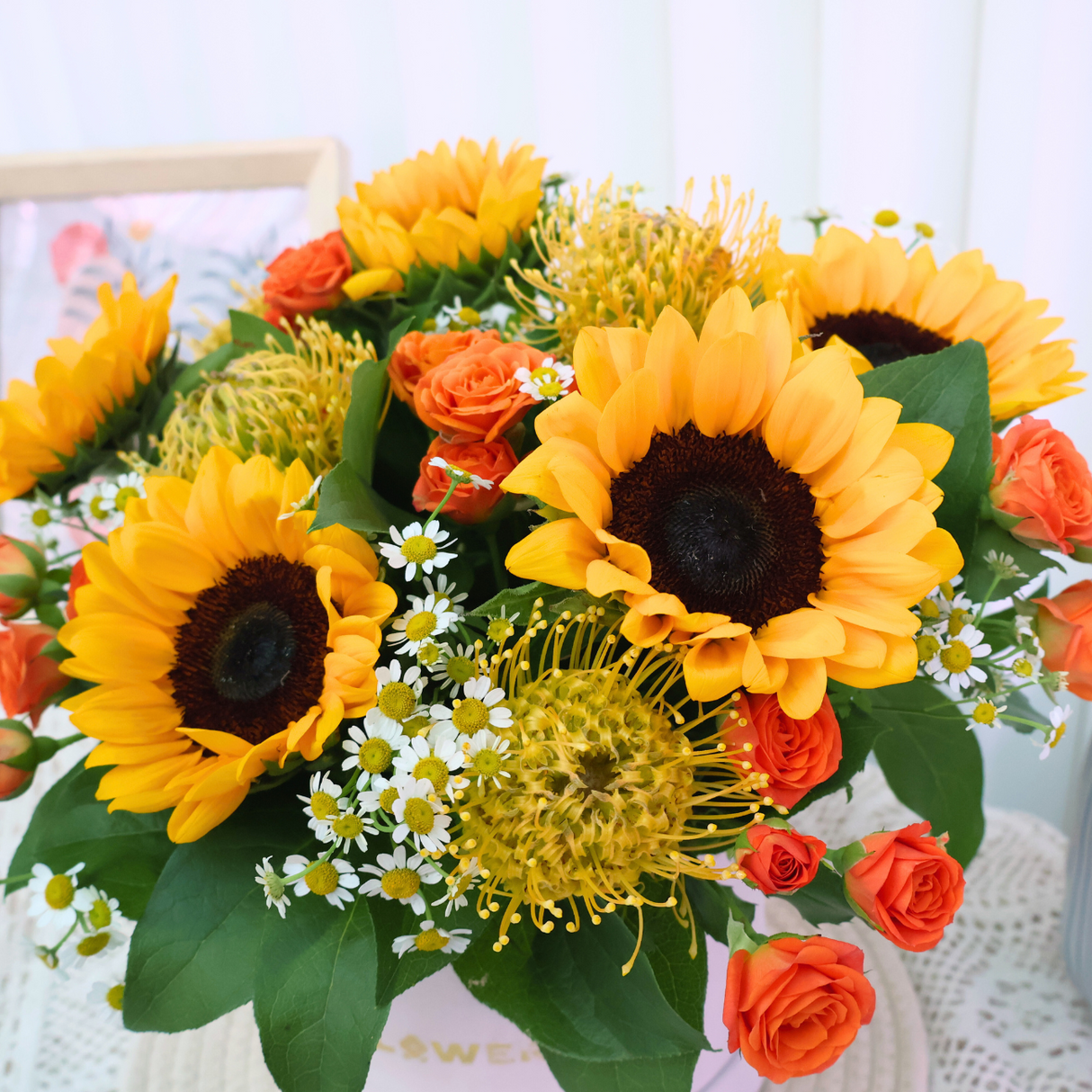 Sunny Glow (5 Sunflower, 5 Pin Cushion) - Table Flower Arrangement