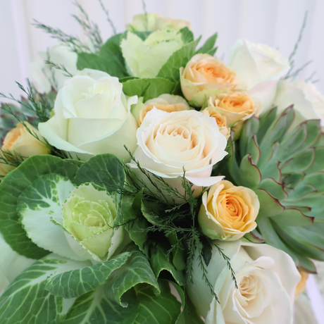 Succulent Charm (10 Roses, 3 Succulents) - Table Flower Arrangement