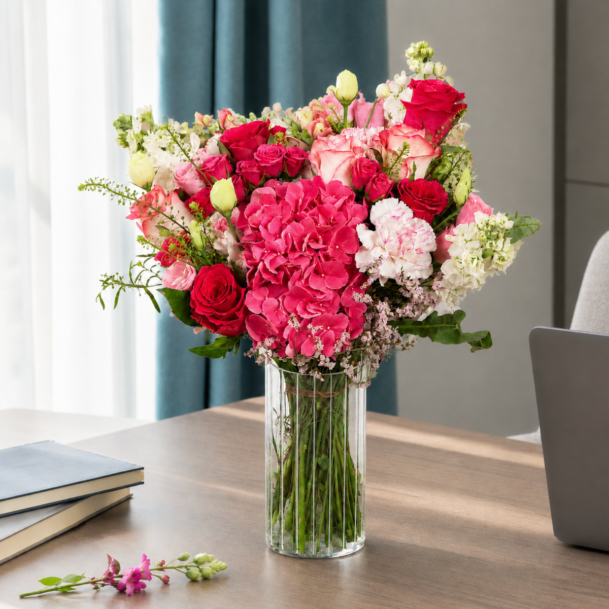 Raspberry Crush (Hydrangea, Mattiola, Roses) - Vase Arrangement