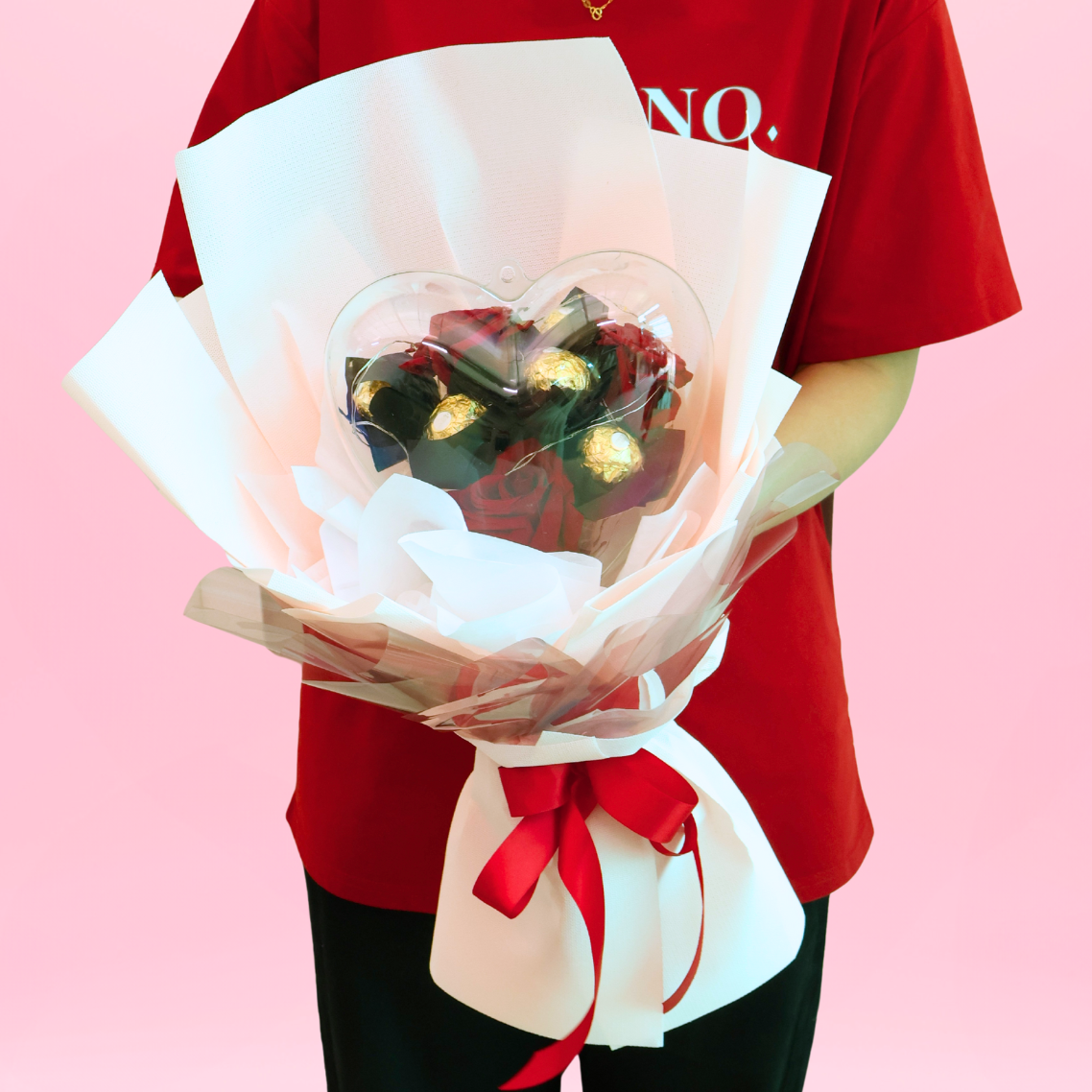 Ferrero Heartbeat (3 Roses, 5 Ferrero) - Valentine Flower Chocolate Bouquet