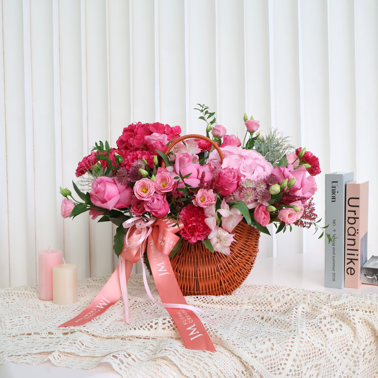 Blush Bloom (Roses, Hydrangea, Eustoma) - Flower Basket