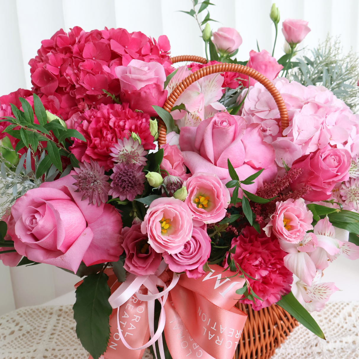 Blush Bloom (Roses, Hydrangea, Eustoma) - Flower Basket