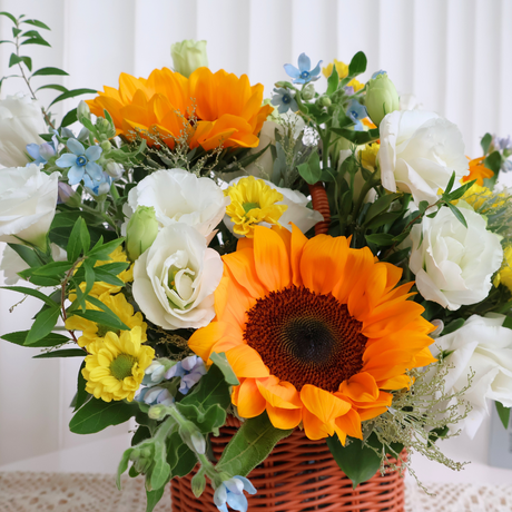 Sunny Delight (Mimosa, Sunflower, Eustoma) - Flower Basket