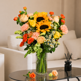 Citrus Burst (2 Sunflowers, 5 Roses) - Vase Arrangement