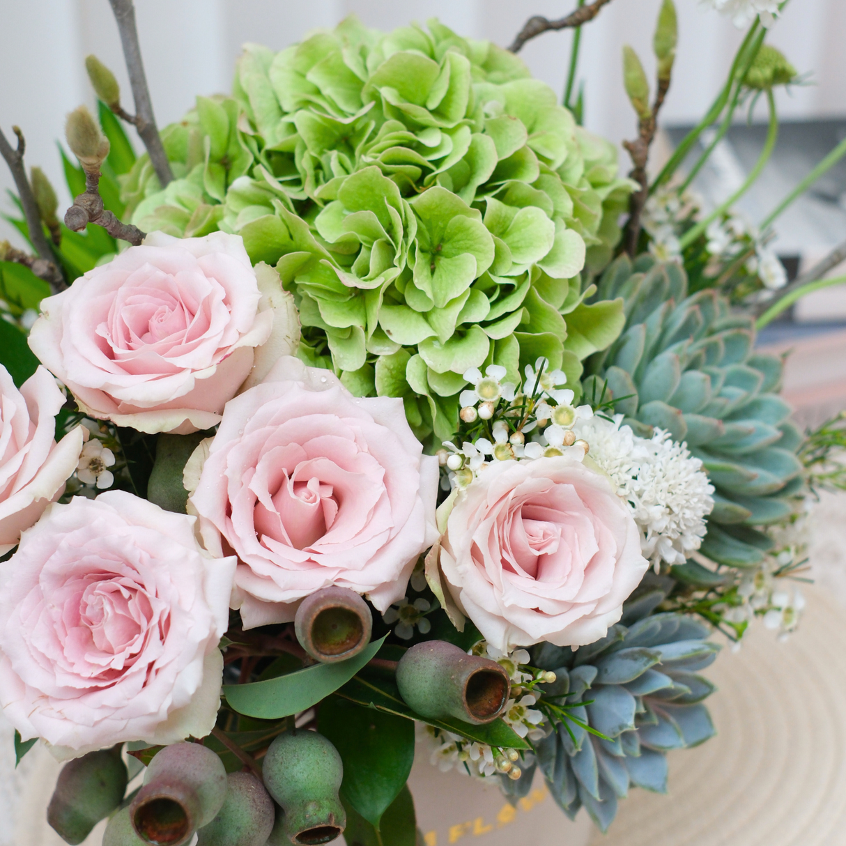 Floral Reverie (Roses, Echeveria Succulent, Hydrangea) - Table Flower Arrangement